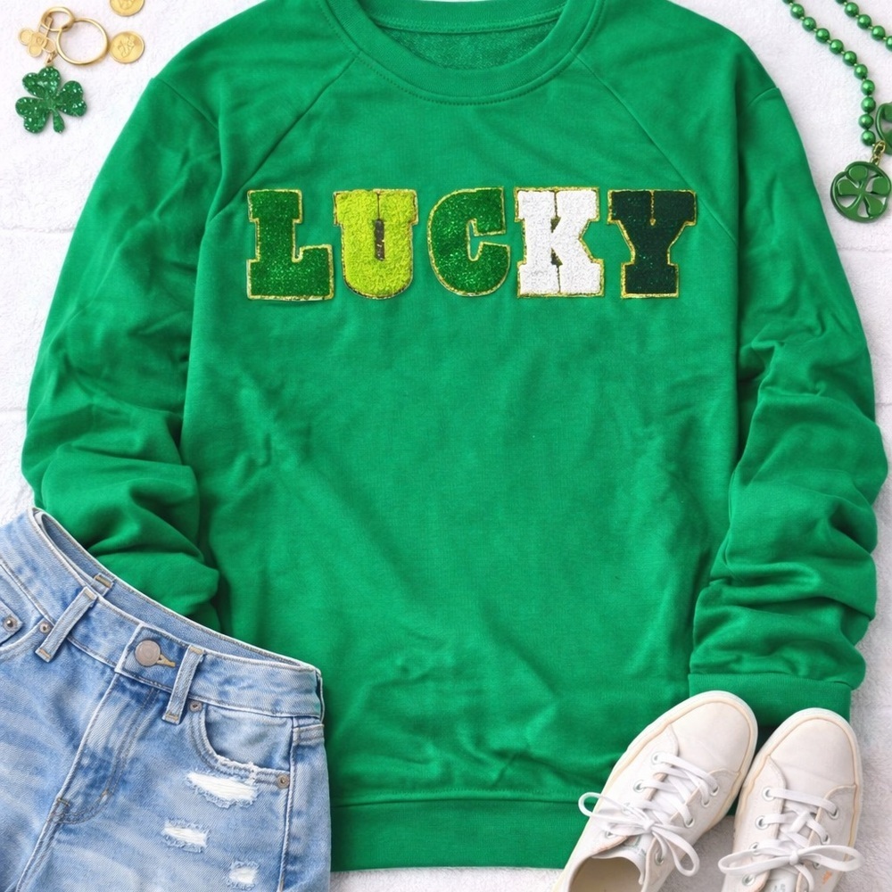 LAST ONE Lucky St Patrick’s Day Green Sweatshirt Glitter Letter Pullover Festive